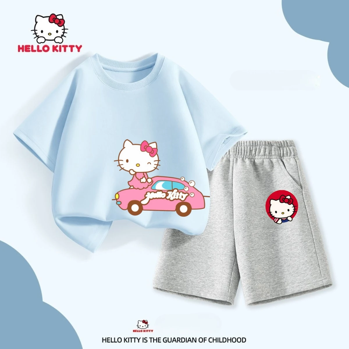 

Sanrio, летний комплект одежды из 100% хлопка для маленьких девочек, детские футболки с короткими рукавами и принтом «Hello Kitty», топ и шорты, костюм