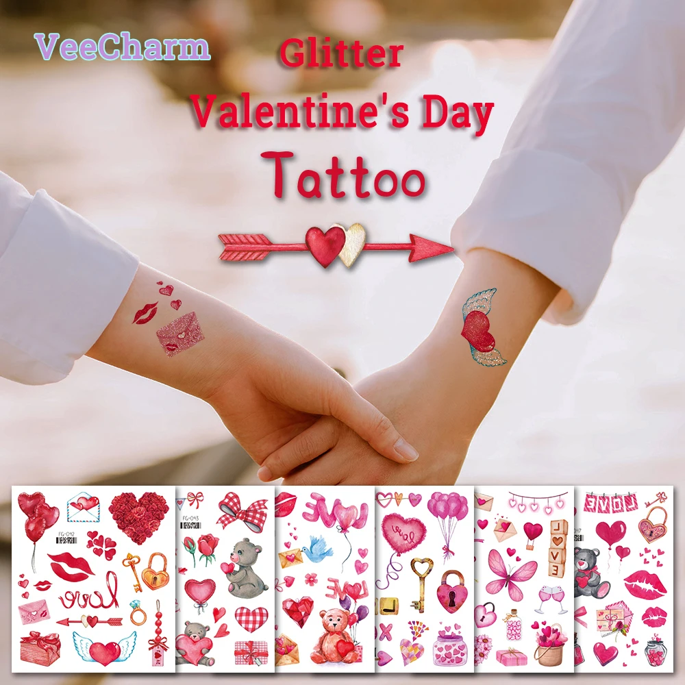 

VeeCharm - Glitter Valentine's Day Tattoos,Romantic temporary tattoos for couples,Love Heart/Rose/Lip Stickers,Gifts,1/6 Sheet