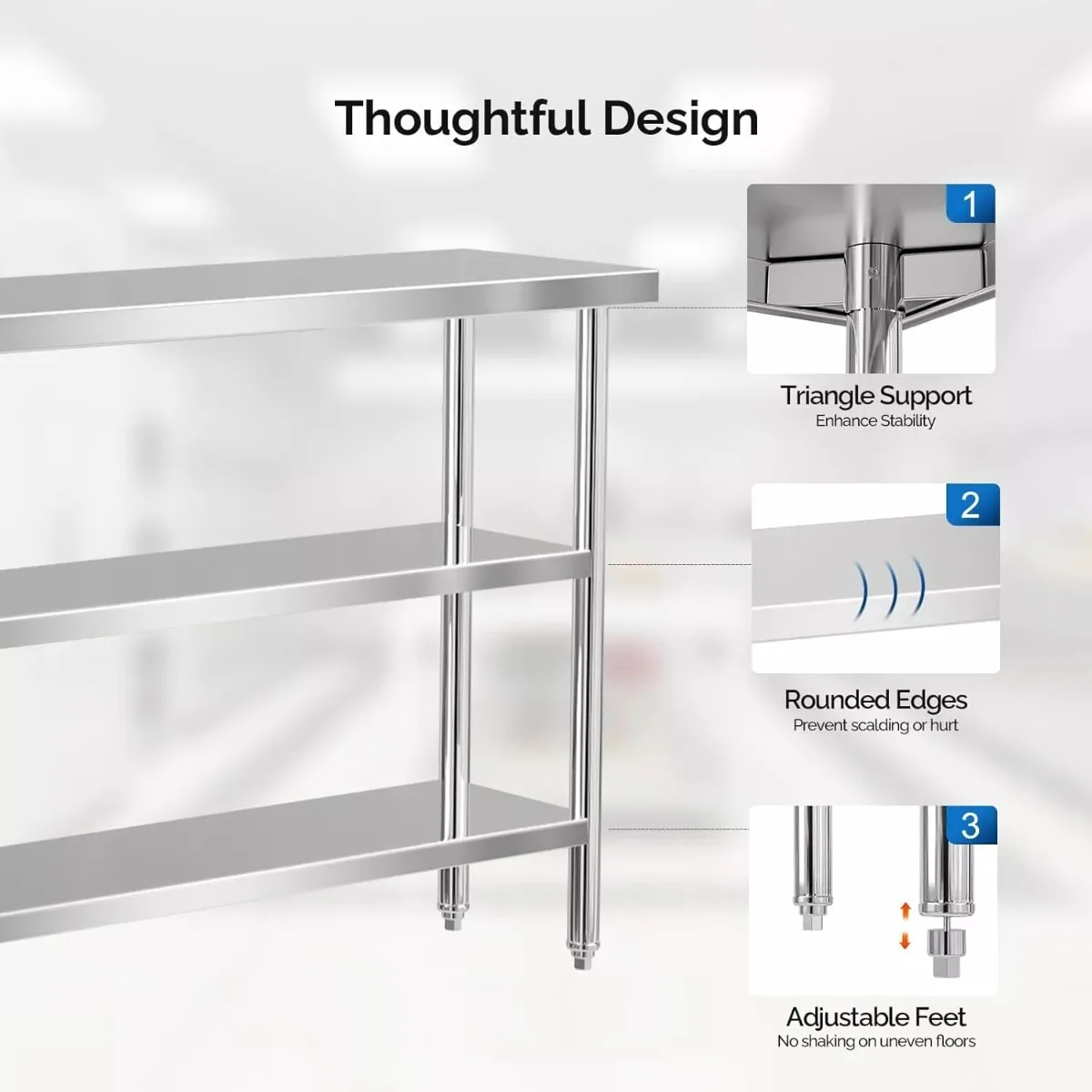 Stainless steel table with adjustable feet for heavy duty preparation and workbench with 2 shelves