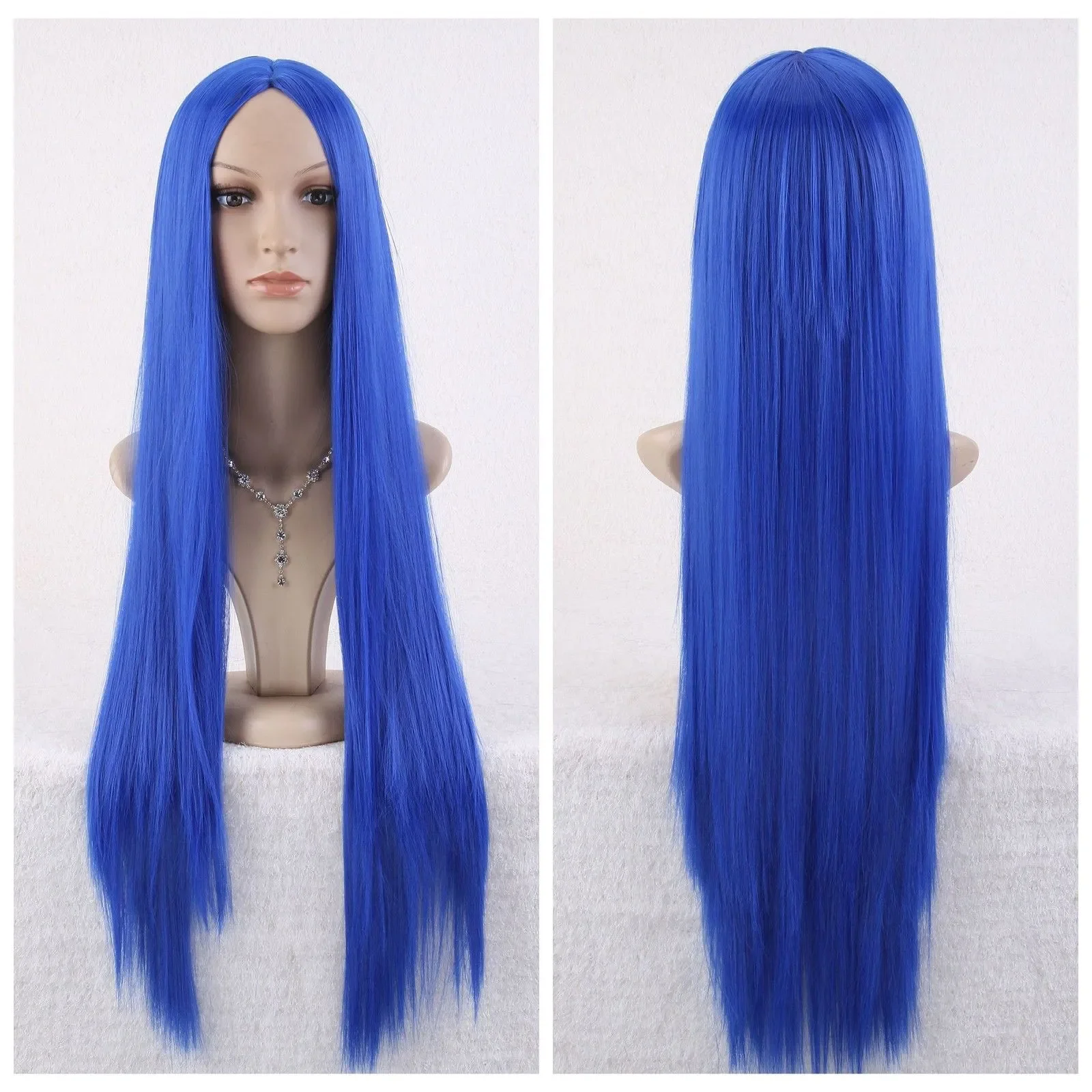 

Women Long Straight Blue Wig Cosplay Synthetic Full Wig Heat Resistant Hair+Cap