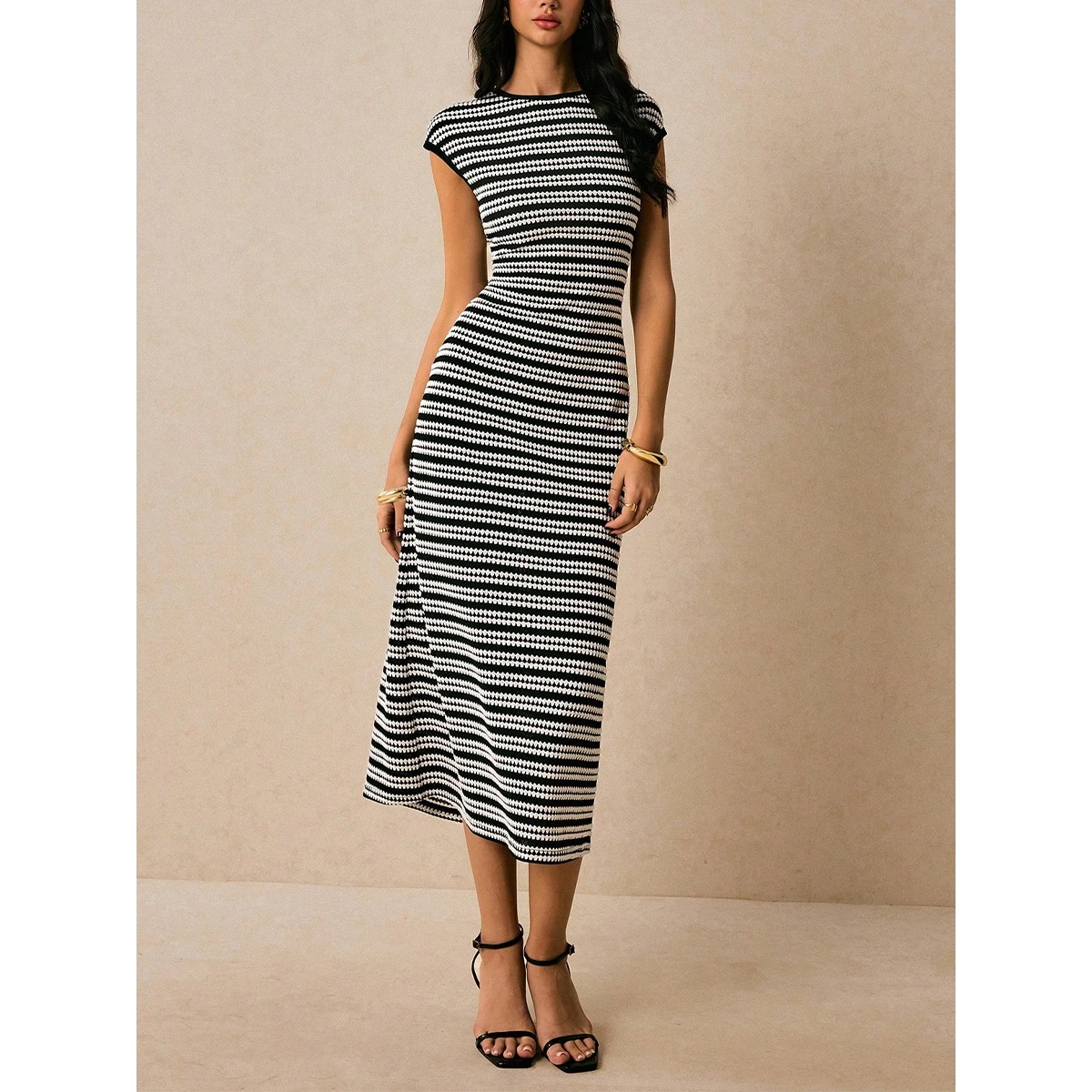Striped Knitted Midi Dress Slim Fit One Step without Sleeve High Waist Spring Summer Women's Fashion Casual Wear All Seasons
