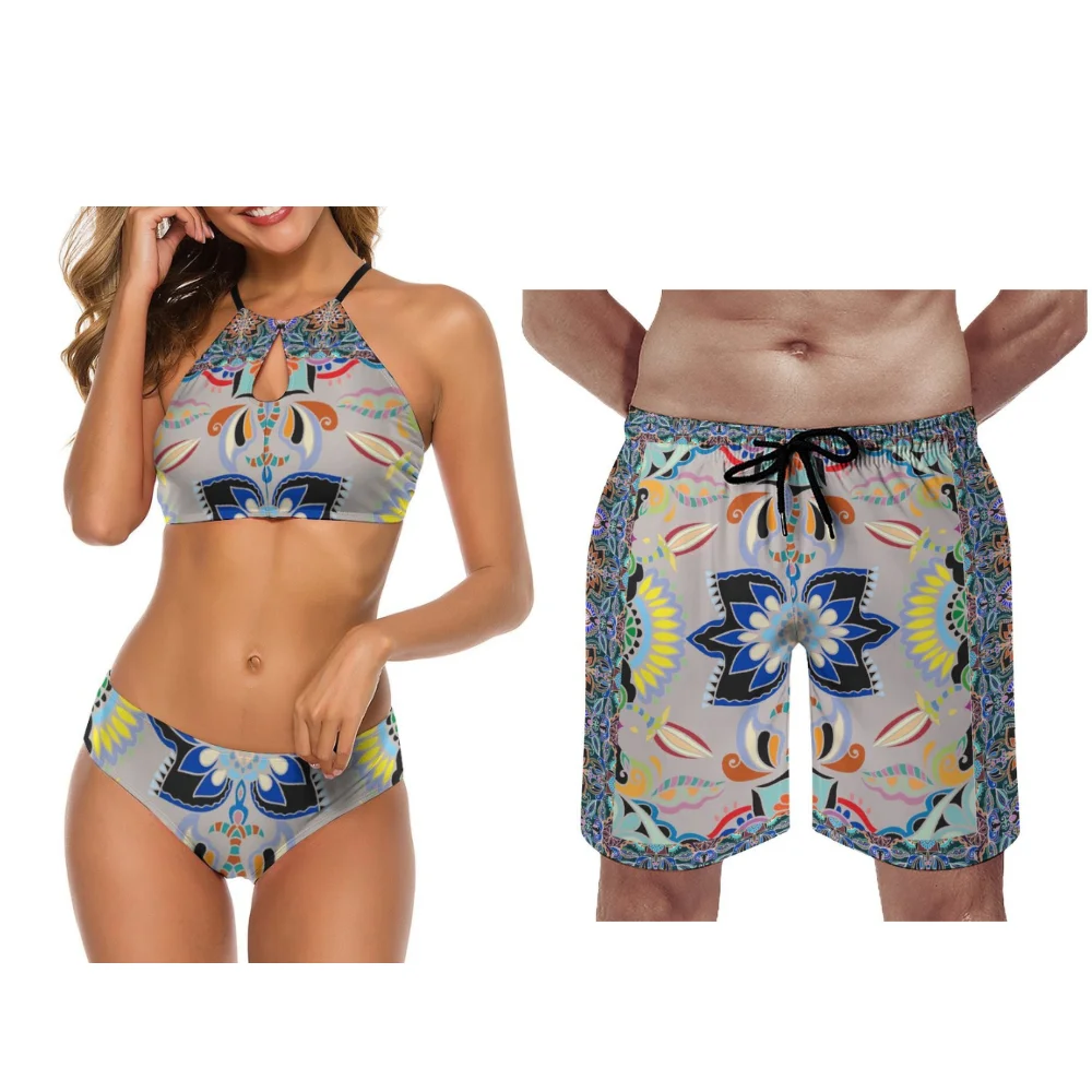 Customizable Bandana Beach Couple Swimsuits Men Casual Beach Pants Women Bikinis Brand New Design