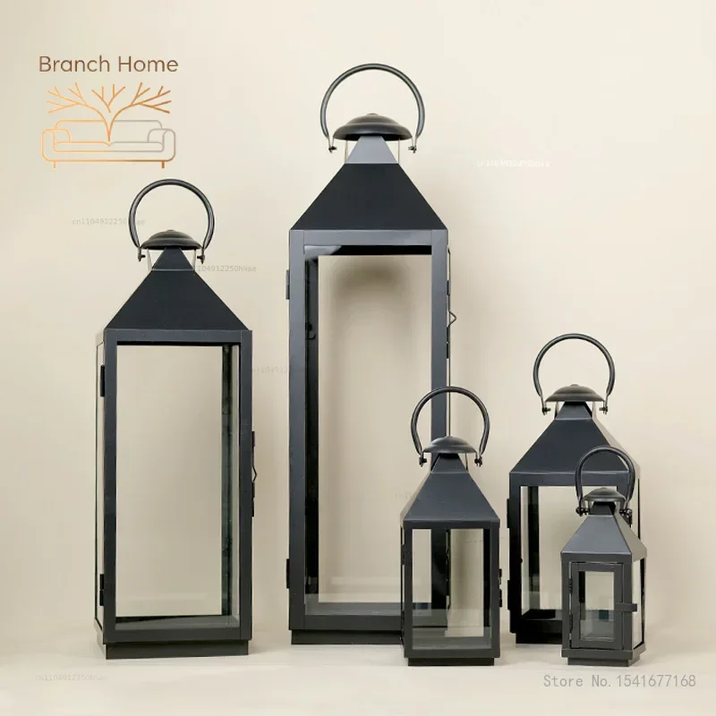 Nordic Outdoor Glass Windproof Candlestick, Wrought Iron, Floor Wind Lamp, Simple Shooting Props, Retro Garden Decor, 1Pc