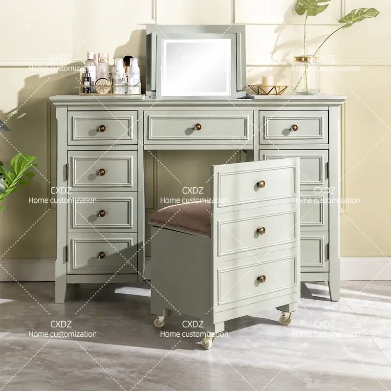 Modern Smart Dressing Table with Hidden Storage and Flip Up LED Mirror Light Luxury Vanity Desk for Bedroom Simple Design