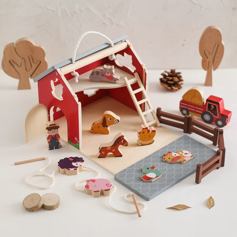 

Montessori Toys Wooden Simulated Farm Setting Scene Toys Baby Shape Matching Animal Threading Toys Children Puzzle Blocks Gifts