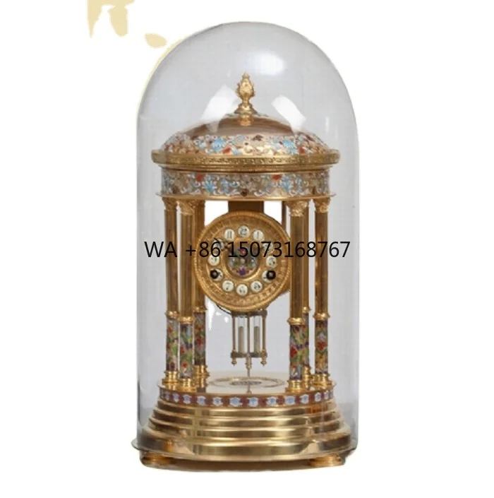 Brass Pavilion Antique Gilt 19th  French Style 15 Days Mechanical Movement  Floral Blue Cloisonne Enamel Table/Desk Clock