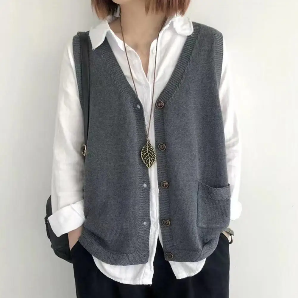 Warm Women Vest Cozy V-neck Knitting Vest for Women Warm Waistcoat with Pockets Solid Color Loose Fit Tank Top Comfortable Women