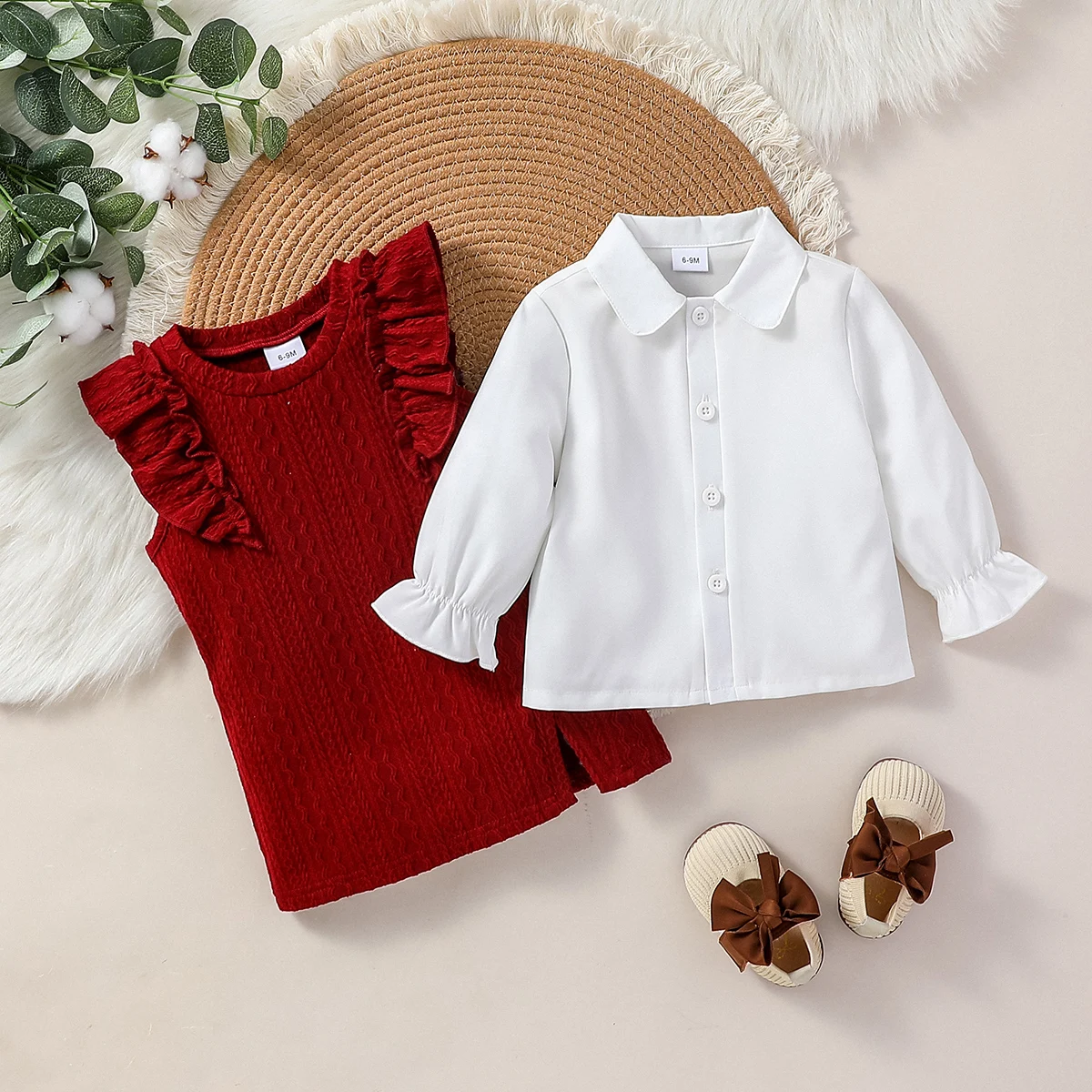 2Pcs Baby Gilrs Autumn/Winter Long Sleeve White Shirt + Shirt Dress For 6M-3Y Fashion Streetwear Clothing Set