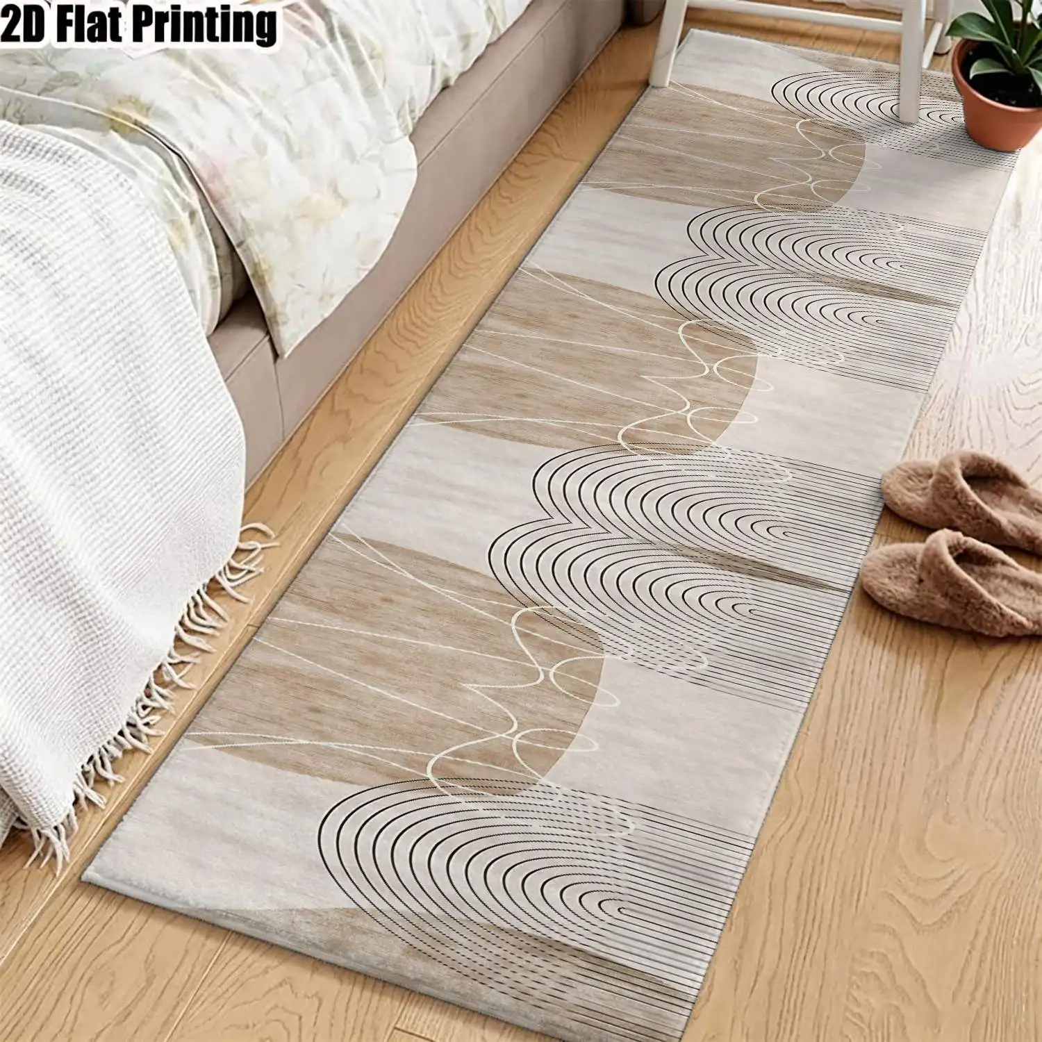 1Pc 2D Printed Long Strip Rug, Beige-Gray Geometric Line Patterns Nordic/Modern Minimalist/European/Bohemian Style, Home Decor, Multi-Size, Machine Washable, for Entryway, Hallway, Living Room, Bedroom.