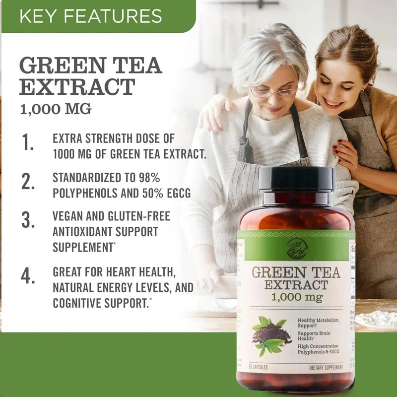 

Green Tea Extract 1000 Mg Energy Boosting Antioxidant Vegan, Gluten Free, Non-GMO - 60 Capsules