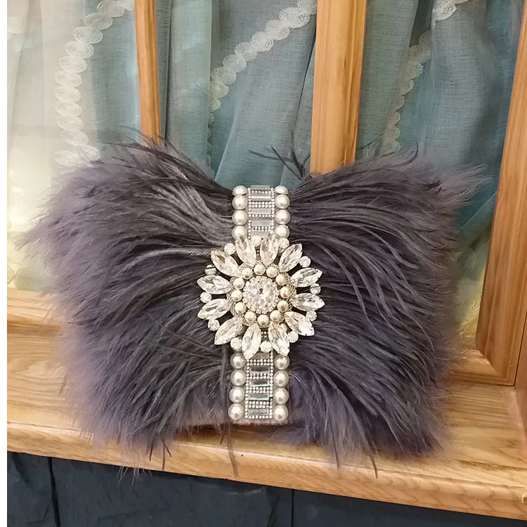 

Ostrich Feather Clutch Bag for Women, Elegant Evening Party Purse with Shoulder Chain, Luxury Wedding Handbag
