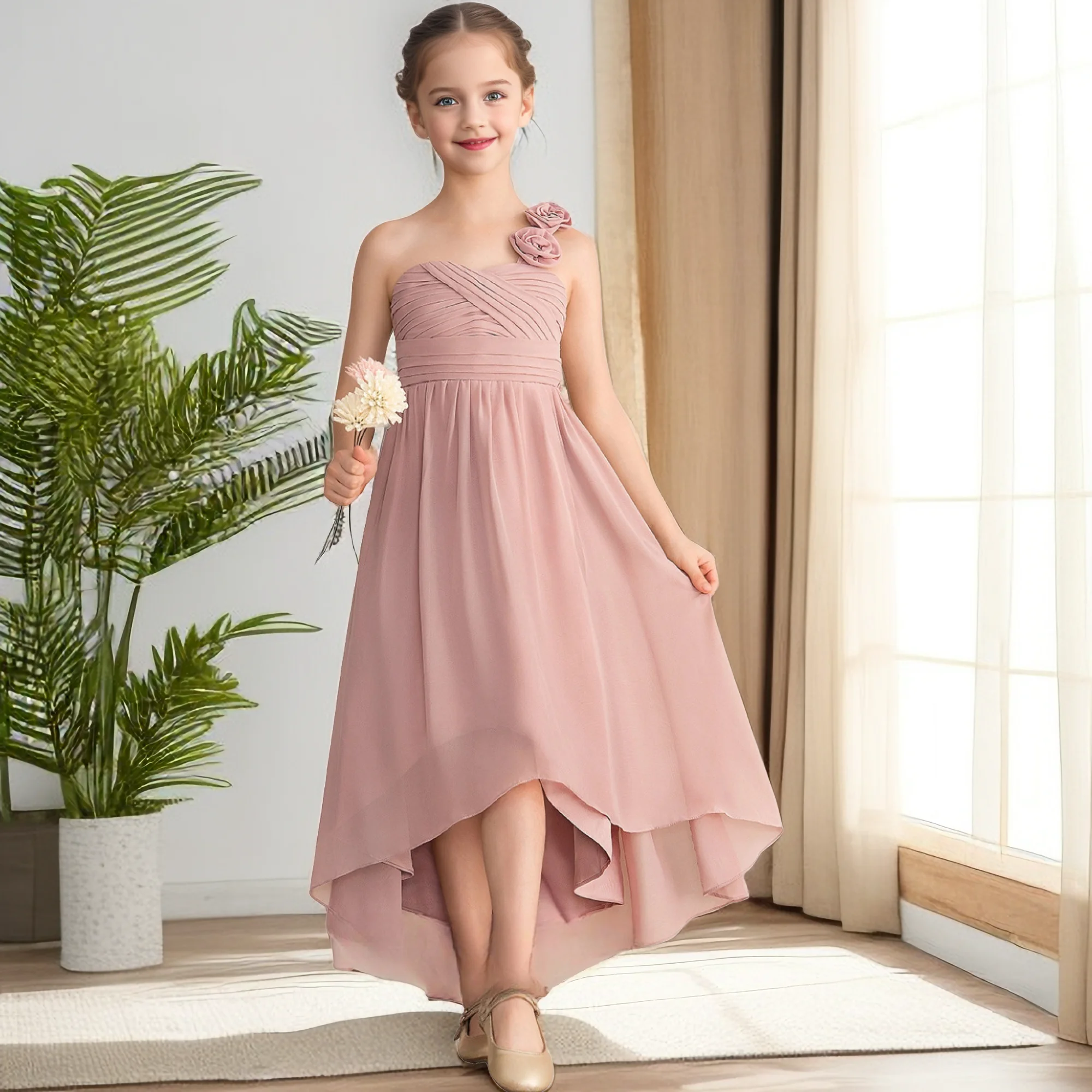 One-Shoulder Chiffon Junior Bridesmaid Dress For Kids Festivity Celebration Wedding Birthday Evening Party Pageant Prom Ball