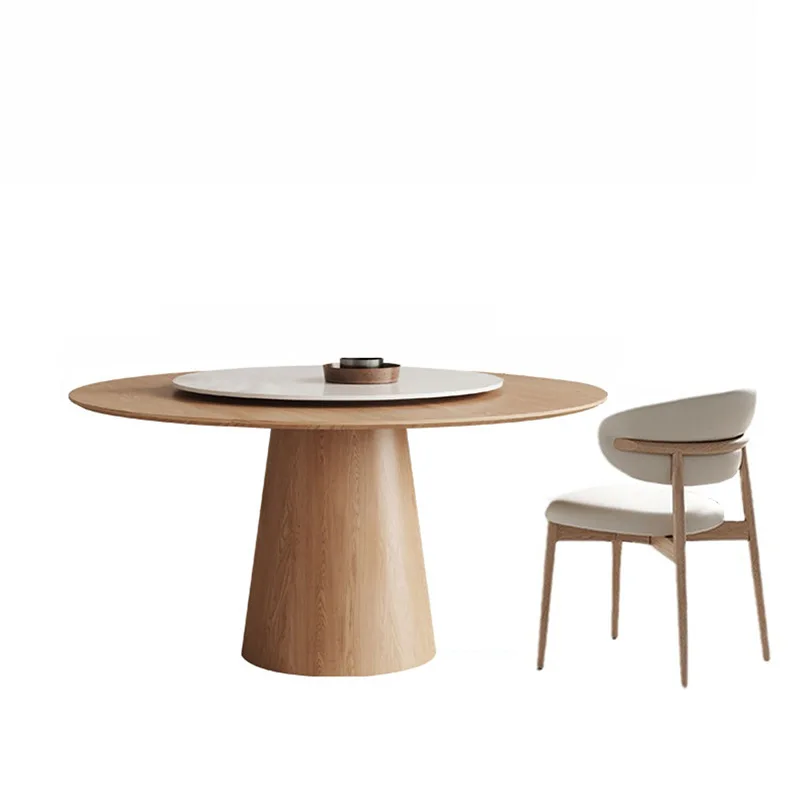 &Modern Minimalist Solid Wood Stone Slab Circular Dining Table Swivel Adjustable Desktop White Ash Finish Dining Room Chair Set