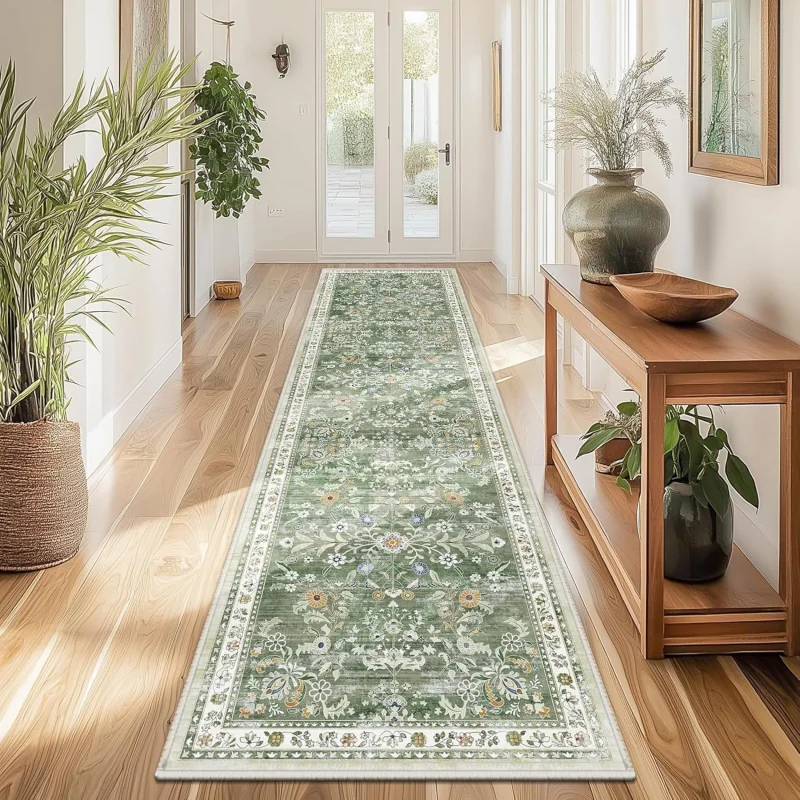 VIKAMA Vintage Persian Floral Runner Carpet Entrance Hall Non-Slip Mat Easy to Clean Kitchen Bedroom Rug Home Decoration