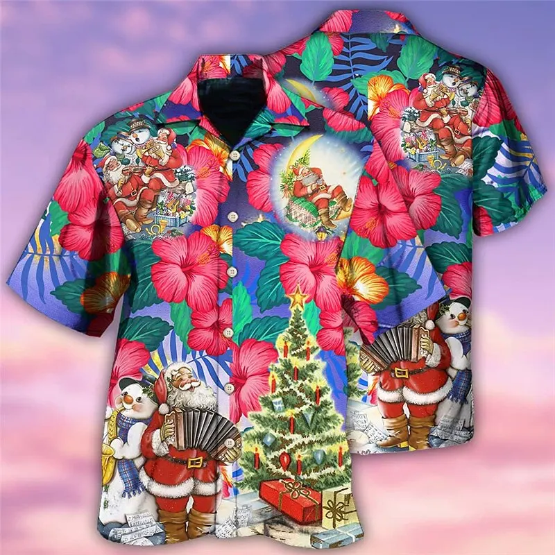 Christmas Men\'s Hawaii Shirt Short Sleeve New Year Xmas 3D Printing Tops Santa Claus Party Beachwear Camping Vacation Apparel