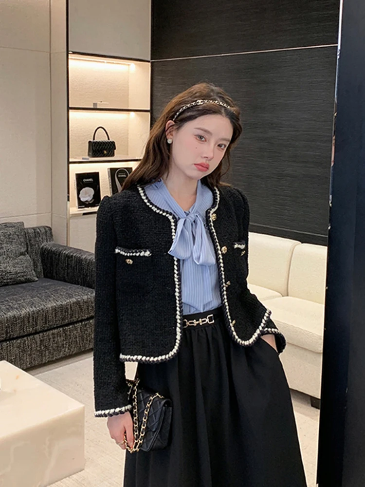 Veste en Tweed Vintage pour Femme, Manteau Court Français Élégant, Décontracté, à Manches sulf, Simple, Rétro, Vêtements d'Extérieur