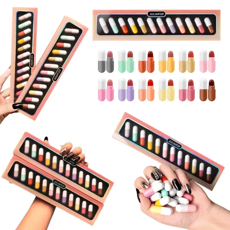 Mini 12-Farben-Kapsel-Lippenstifte-Set, wasserdicht, antihaftbeschichtet, für Tassen, Tragepillen, Lippenstift, Neuheit, Lippen, Make-up, DIY-Lipgloss für Frauen