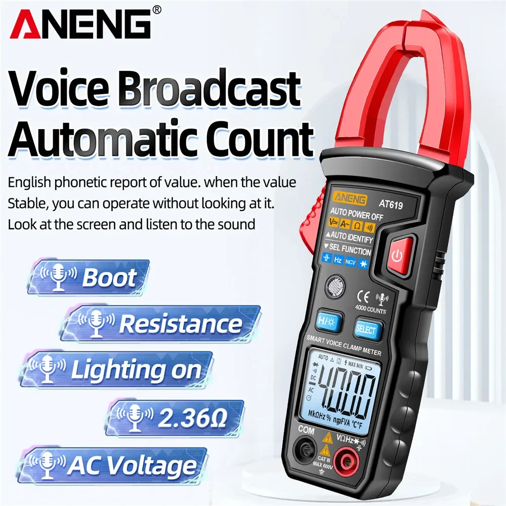 Imagem -05 - Clamp Meter ac Current Voice Broadcast Multímetro Amperímetro Voltagem Tester Carro Amp hz Capacitância Ncv Ohm Tester Ferramentas Aneng-at619