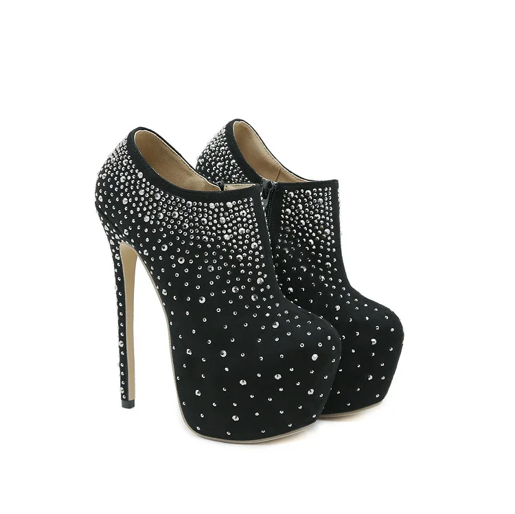 Gypsy Rhinestone High-Heeled Short Boots Sexy Pointed Waterproof Table Super High-Heeled Single Shoes Zipper Women's Shoes 35&42