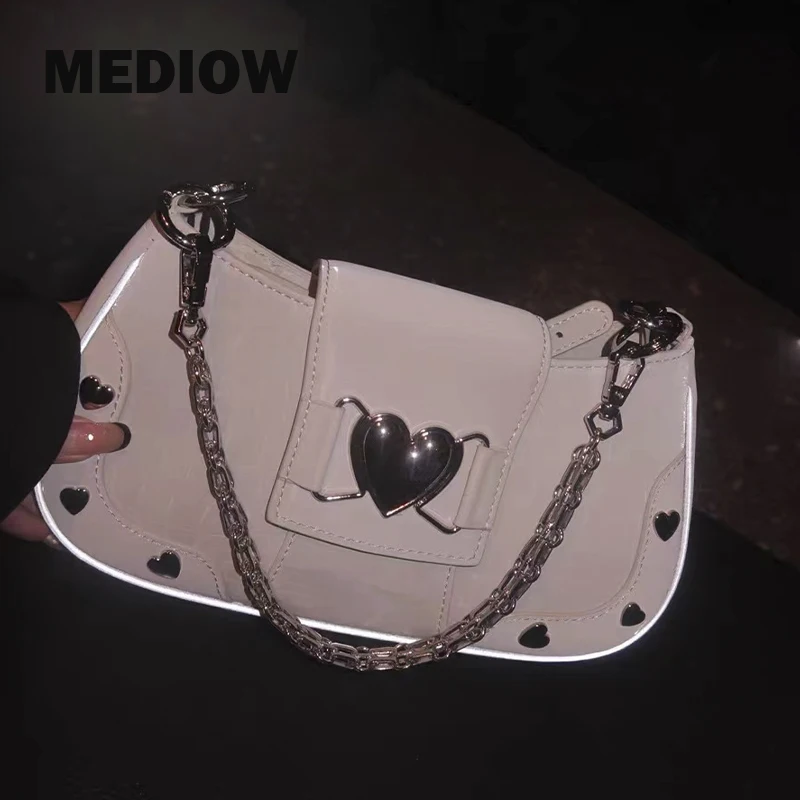 MEDIOW Shoulder Bags For Women Luxury Designer Handbags 2023 New Crocodile Print Heart Decoration Chain Hand Strap Messenger Bag