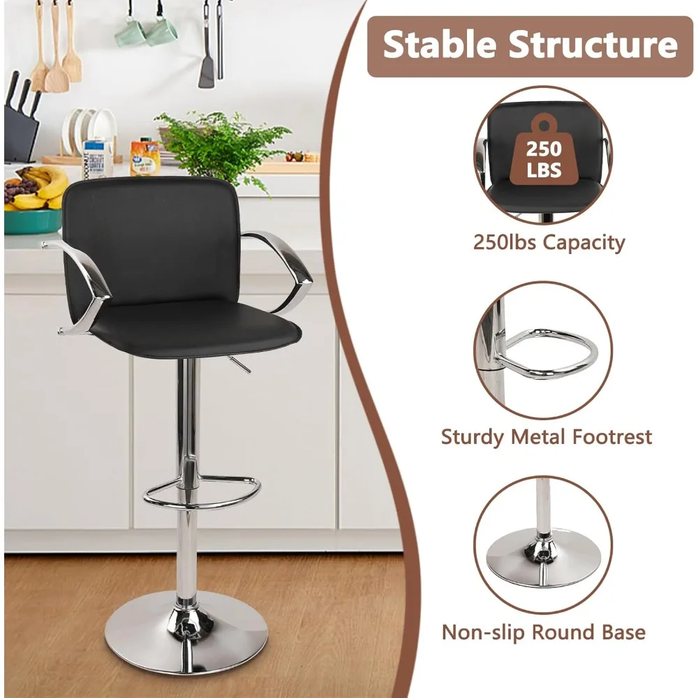 Taburete de bar Juego de 2 taburetes de mostrador de altura ajustable Sillas de bar con reposabrazos, respaldo ergonómico y reposapiés, giratorio de 360 grados