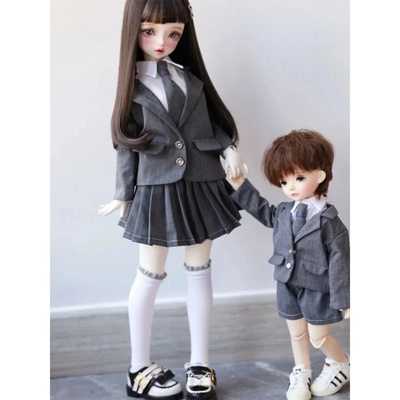 BJD Puppenkleidung für 1/4 1/5 1/6 Größe grauer Anzug Langarm weißes Hemd Faltenrock Krawatte Set Puppenzubehör