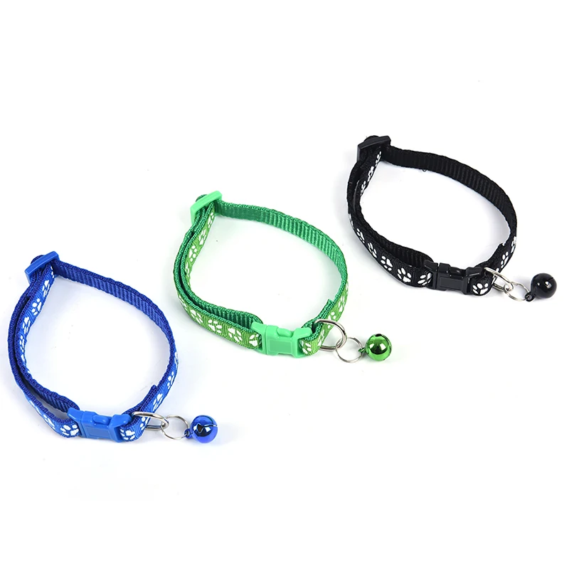 12PCS/Lot Dog Collars Pet Cat Puppy Color Buckle Nylon Collar W/Bell Cat Paw Print Adjustable Collar Bell Positioning