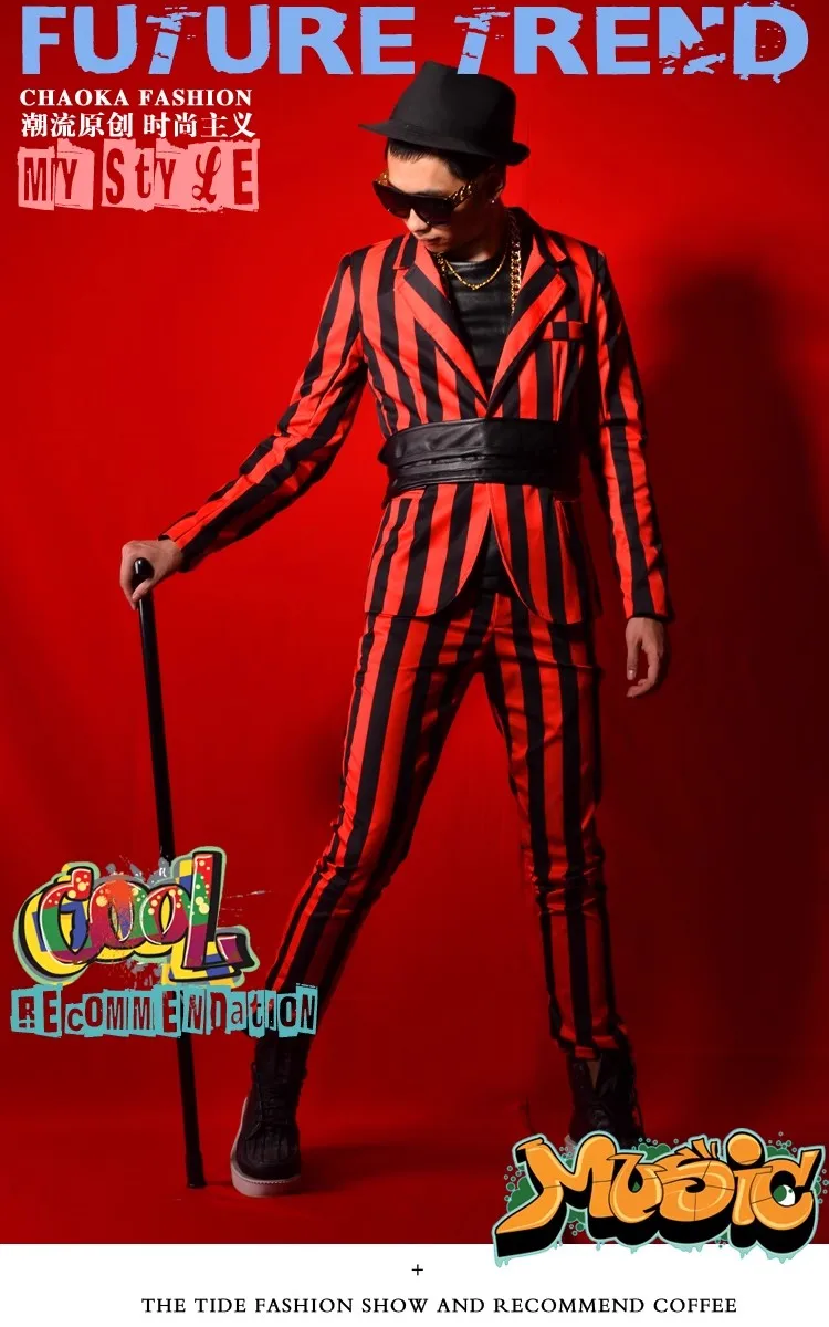 Red Black Striped Suit Nightclub Male Singer DSDJ Dance Stage Song Companion Bar Performance Clothing Party Host Magician