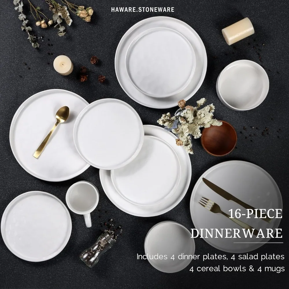 Dinnerware Sets, 16-Piece Stoneware Plates and Bowls Set,Ceramic Dish Set for 4, Chip and Scratch Resistant, Microwave Safe