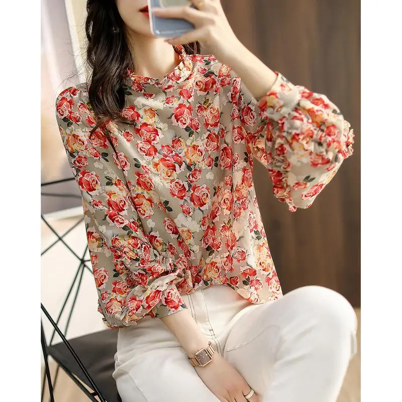 Retro Floral Print Elegant Chic Sweet Ruffle Shirts Spring Fashion Stand Collar Long Sleeve Tops Blouses for Women Clothing 2023