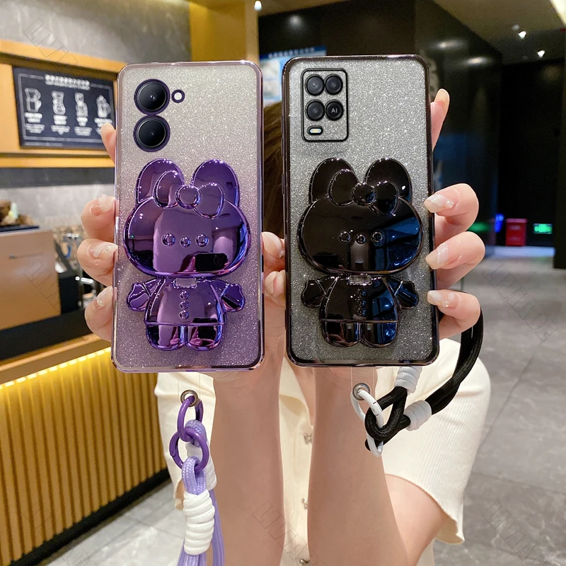 Gilitter Mirror Rabbit Wrist Strap Phone Case For Oppo A92 A38 A53 A76 A74 A97 A58 A72 A93 A96 A91 A93 A94 A95 A52 Stand Cover