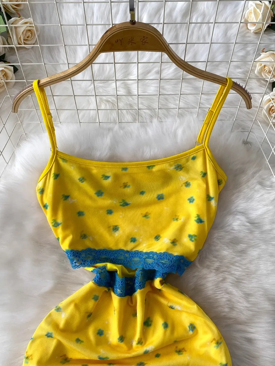 Foamlina Vacation Yellow Slimming Maxi Dress Women's Summer Sexy Backless Halter Floral Lace Cutout Cinched Waist Long Dress