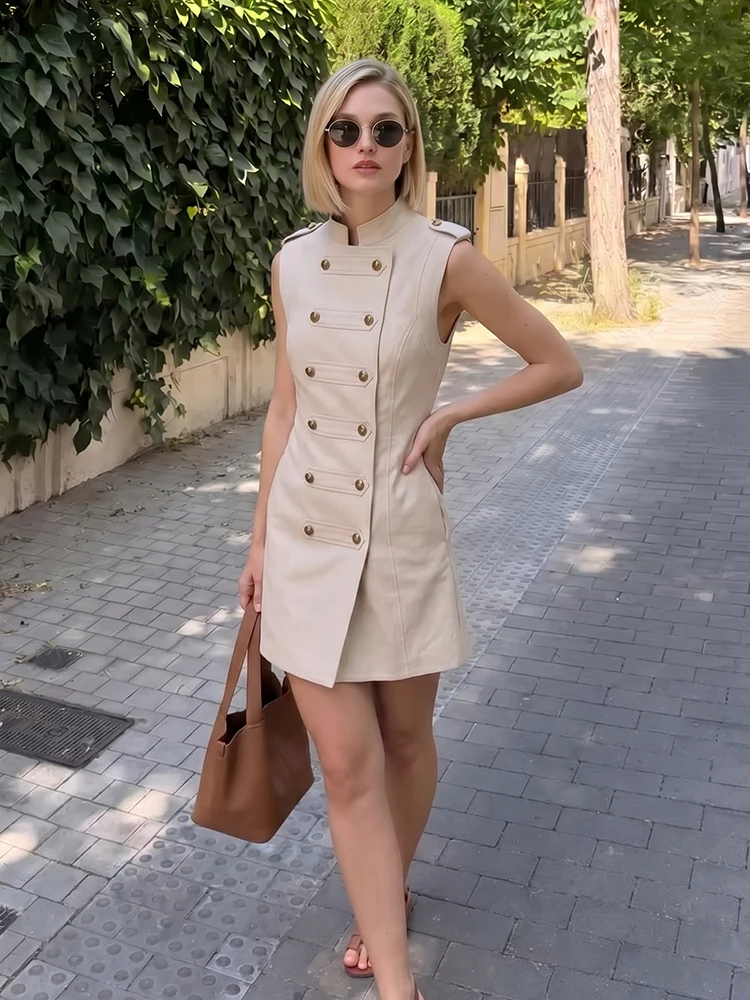 HH Hot Girl Vest Sleeveless Dress Stand Collar Double Breasted Decoration 2026 Spring Autumn Sexy Outing Date Party Office Wear