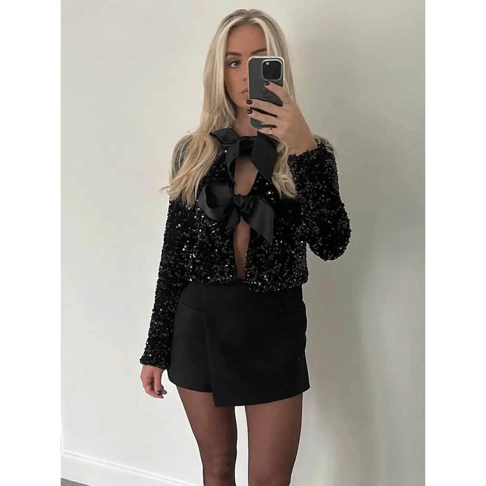 Fashion Holiday Tie-front Sequined Jacket for Women Y2K Shiny Chic Cropped Coat Female Elegant Long Sleeve Lady Party Outerwear