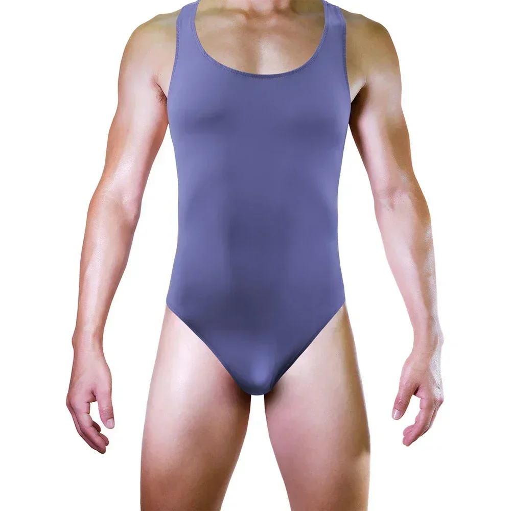 Pakaian pria Bodysuit Jumpsuit Masculina Lingerie seksi Shiny Singlet halus es sutra Innerwear pakaian dalam punggung terbuka