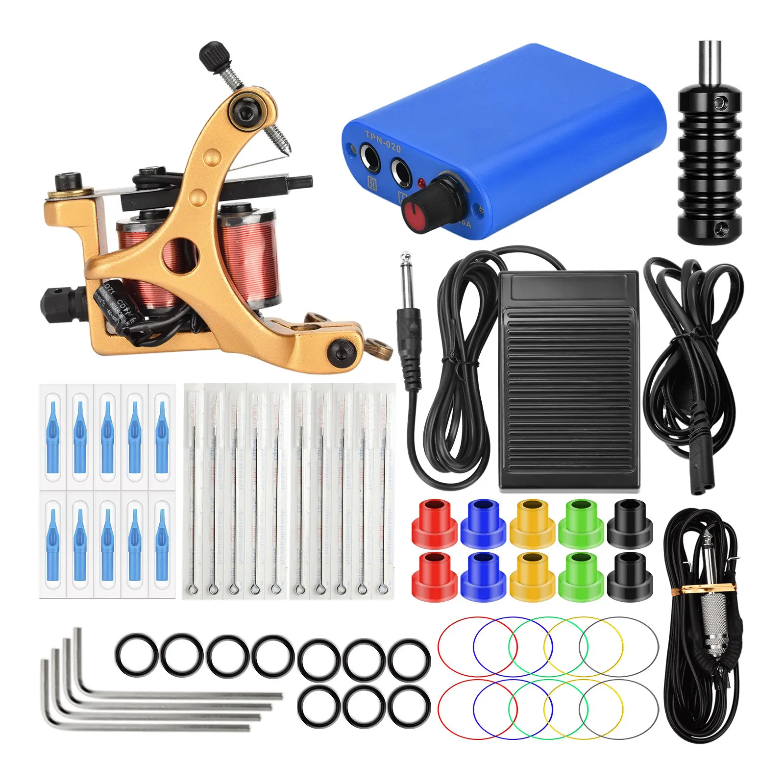 

JimKing Complete Tattoo Kit for Beginners Tattoo Power Supply Foot Pedal Needles Grips Tips Accessories Set for Shading