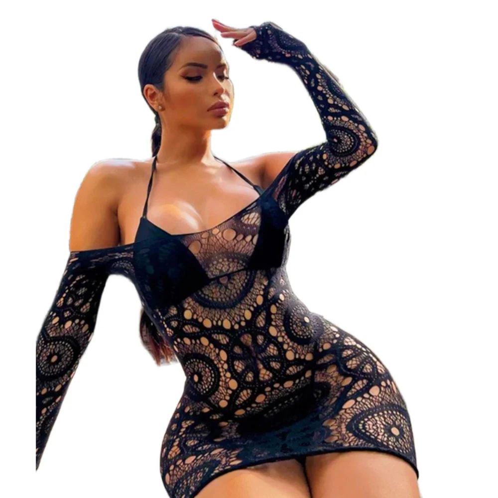 

Sexy Off Shoulder Dresses Women's Transparent Wrap Hip Dresses Mesh Shiny Miniskirts Club Outfits Bikini Cover Beach Dress