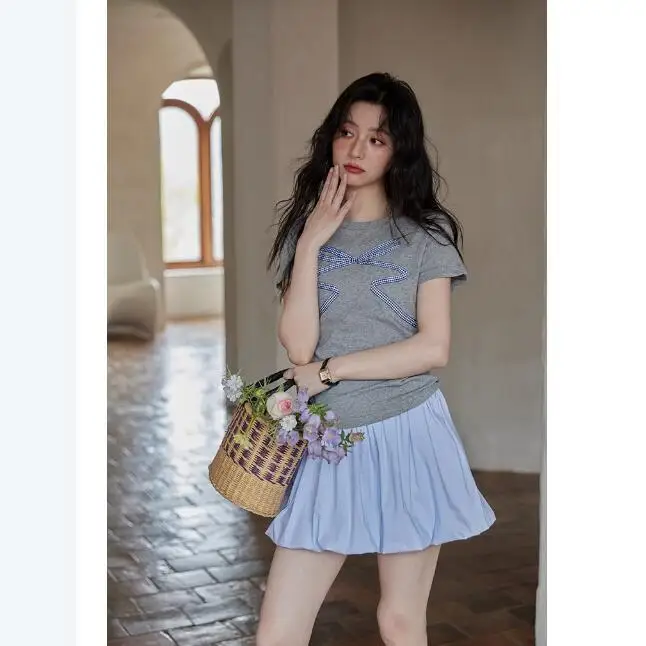 2024 New Summer Blue Casual Short Small and Popular High Waist A-line Half Skirt for Women