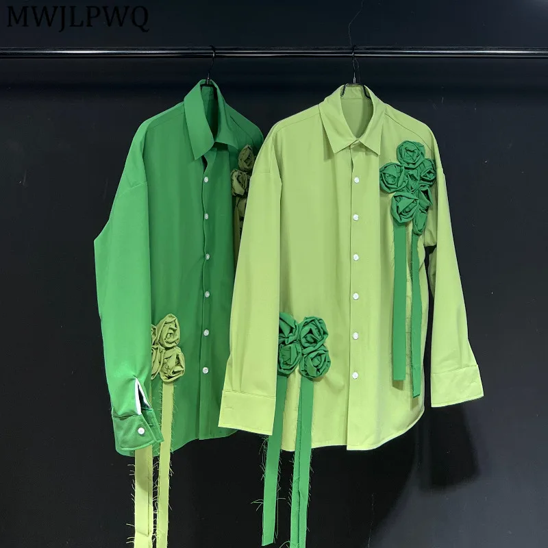 

MWJLPWQ 2025 New 3D Flowers Design Shirt Male Lace Up Lapel Rough Edge Long Sleeve Men 2025 Autumn Tide Loose Casual Tops 11674