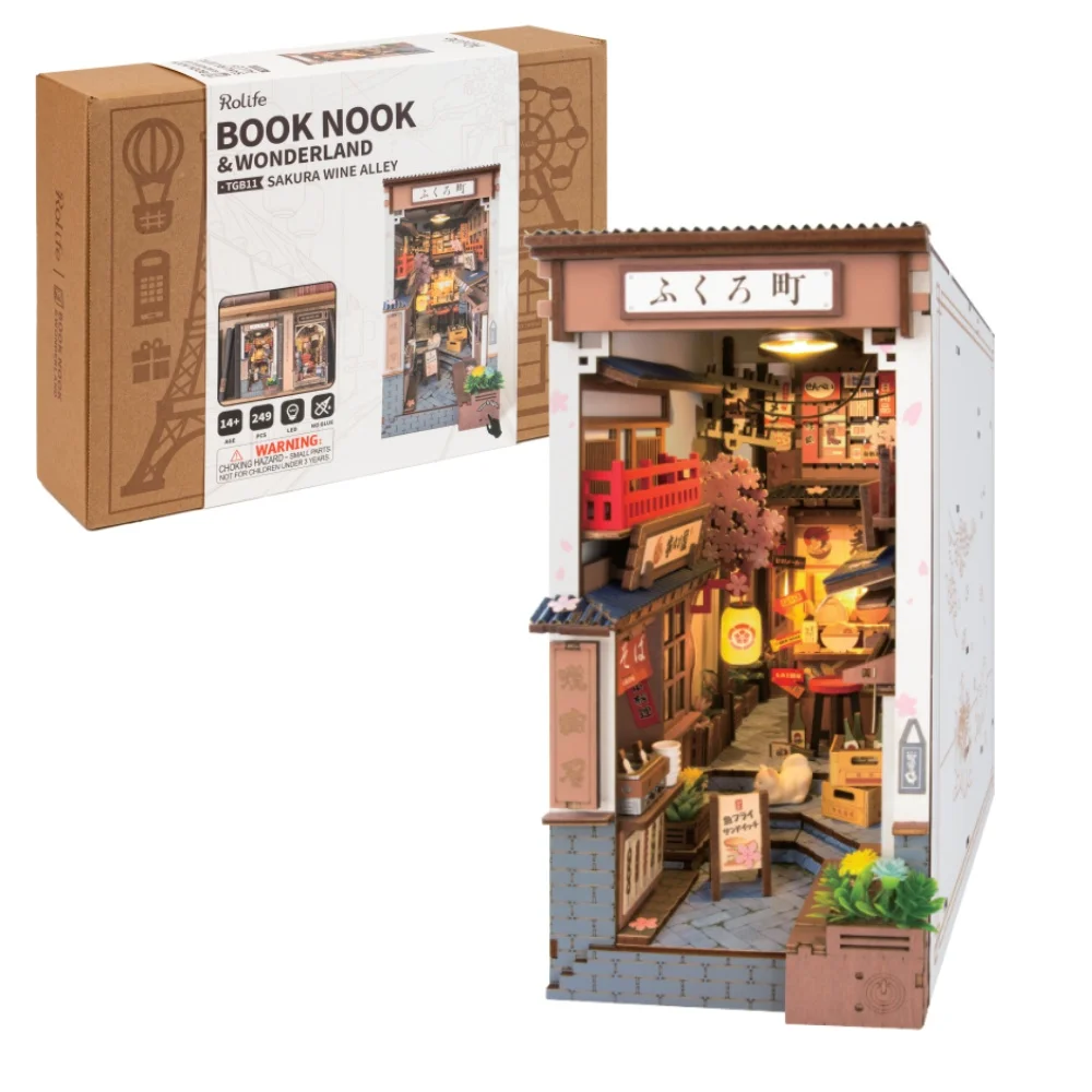 Robotime Book Nook ชุด SAKURA Wine Alley พร้อมฝาครอบกันฝุ่น DIY Miniature บ้านตุ๊กตาชุด 3D ปริศนาไม้ Bookend ชั้นวางหนังสือของขวัญ