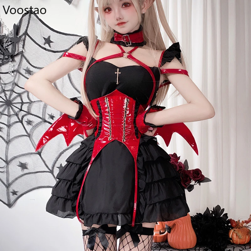 Japanese Gothic Lolita Dress Women Sexy Little Devil Cosplay Costumes Maid Unifrom Set Role Play Halloween Party Mini Dresses