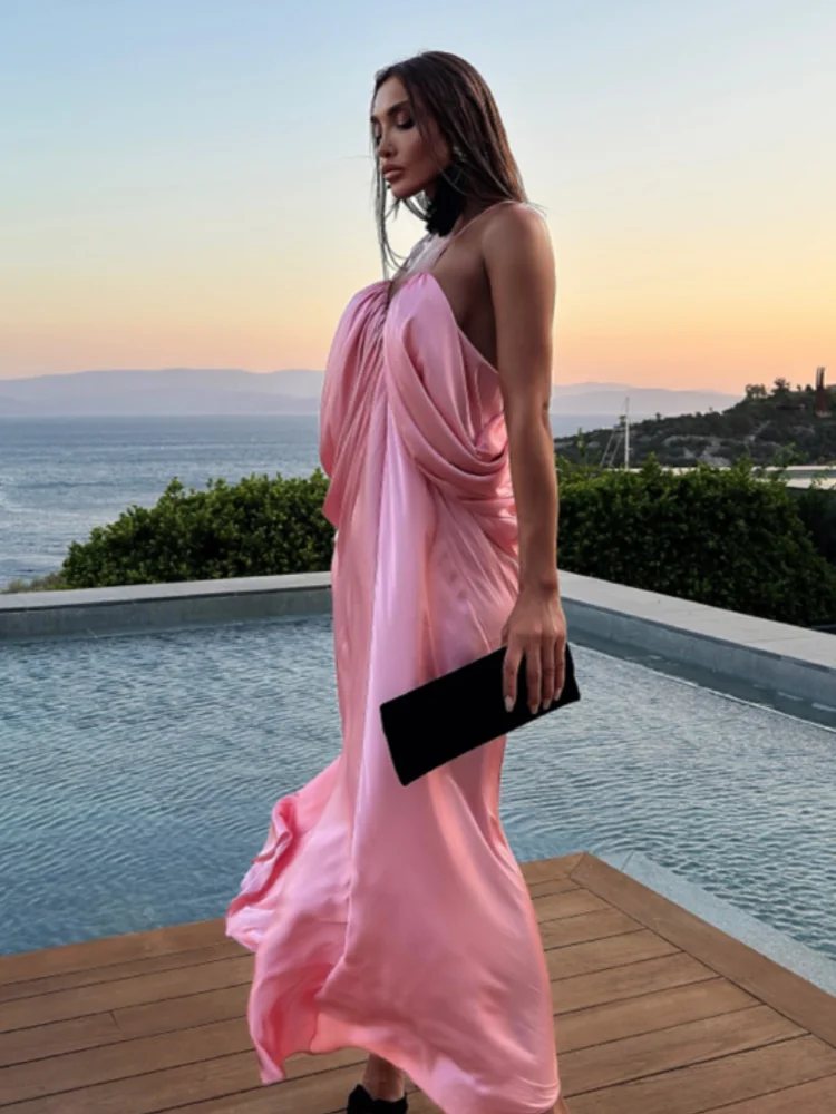 

Pink Loose Pleated Dress For Women Fashion V-neck Backless Sleeveless Sling Dress 2025 Summer Female Evening Party Vestidos
