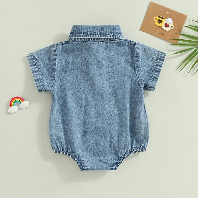 Infant Boys Girls Denim Romper Solid Color Short Sleeve Turn-Down Collar Baby Jumpsuits Summer Buttons Casual Jeans Bodysuits