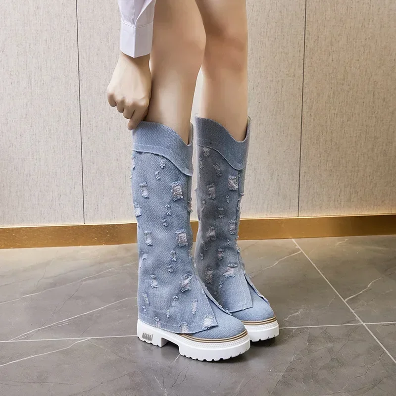 Top quality 10cm Canvas Super Thick Sole Platform Wedge Hidden Heel Knee High Boots Shoes ZIP Spring Autumn Knee-High Booties