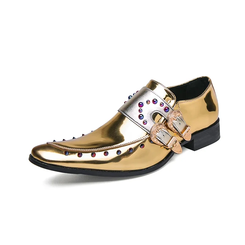 New Gold Double Buckle Wedding Men Shoes Loafers Rivet Breathable Fashion Handmade Men's Business Shoes  Size 35-46