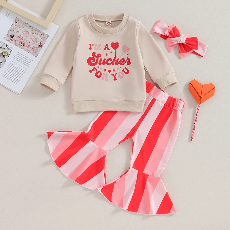 

2023-11-02 Lioraitiin 6M-4Y Toddler Baby Girl Outfits Long Sleeve Romper Tops Heart Letter Flare Pants Valentine Day Clothes