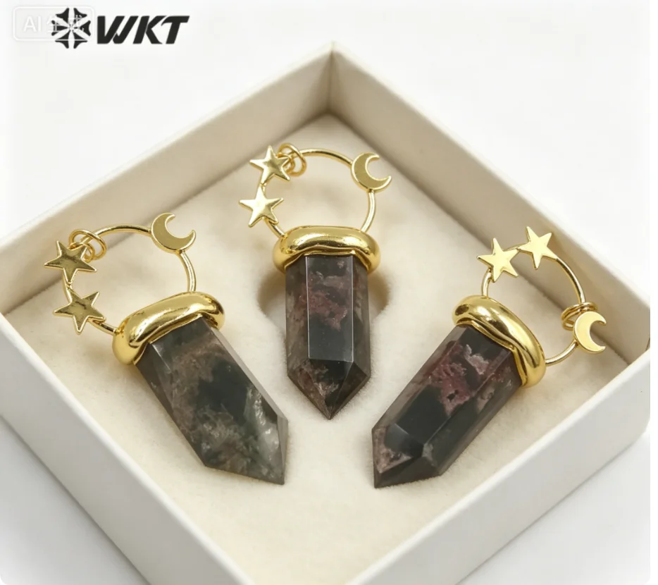 WT-P1948 Natural And Beautiful Healing Quartz Pentagon Shape Whith Moon&Star Gold Plated Design Special Pendant For Decoration