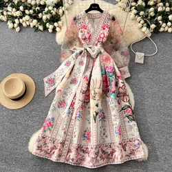 Retro Bandage Lace Up Wrap Dress Women's V-Neck Lantern Sleeve Chiffon Patchwork Thick Stain Flower Print Long Party Vestidos