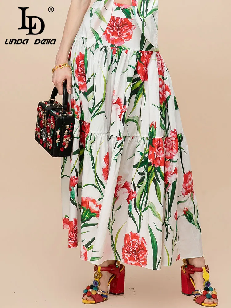 Imagem -04 - Linda Della Designer de Verão Pista Moda Saias de Algodão Feminino Férias Bohemia Floral Impressão Elegante Midi Saias ld