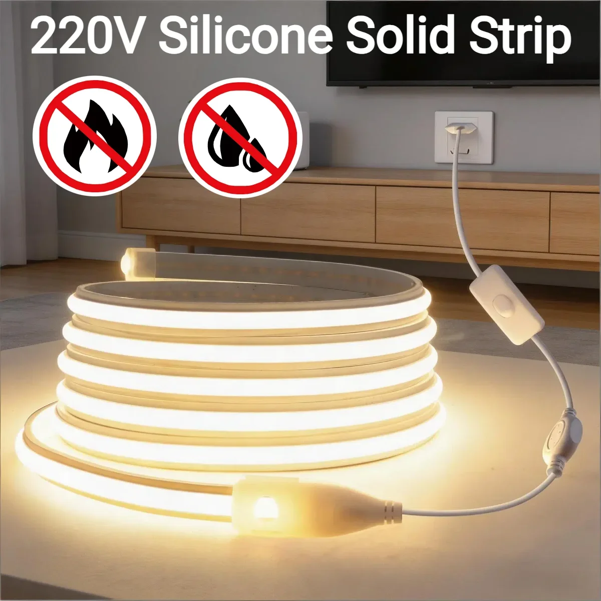 1-30M 220V COB Neon LED Strip Light, 180° Beam Angle, Solid Silicone Bendable Cuttable Strip with EU Plug Switch, for Home Decor